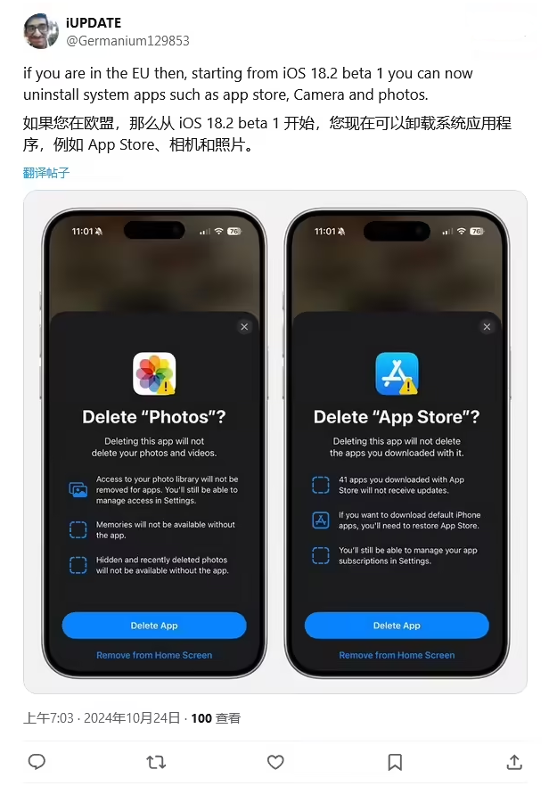 永登苹果手机维修分享iOS 18.2 支持删除 App Store 应用商店 