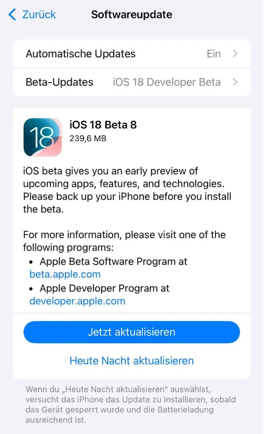 永登苹果手机维修分享苹果 iOS / iPadOS 18 开发者预览版 Beta 8 发布 